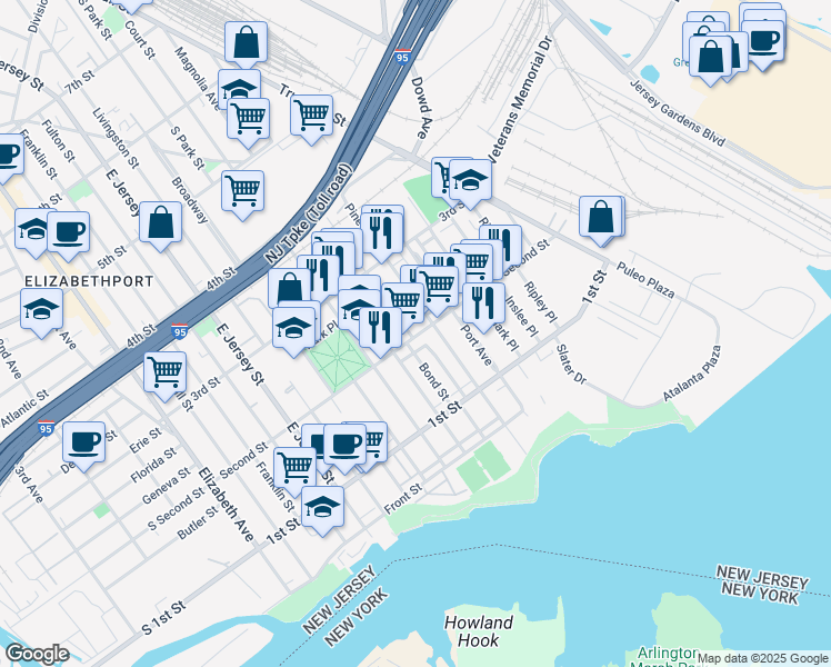 map of restaurants, bars, coffee shops, grocery stores, and more near 214 Bond Street in Elizabeth