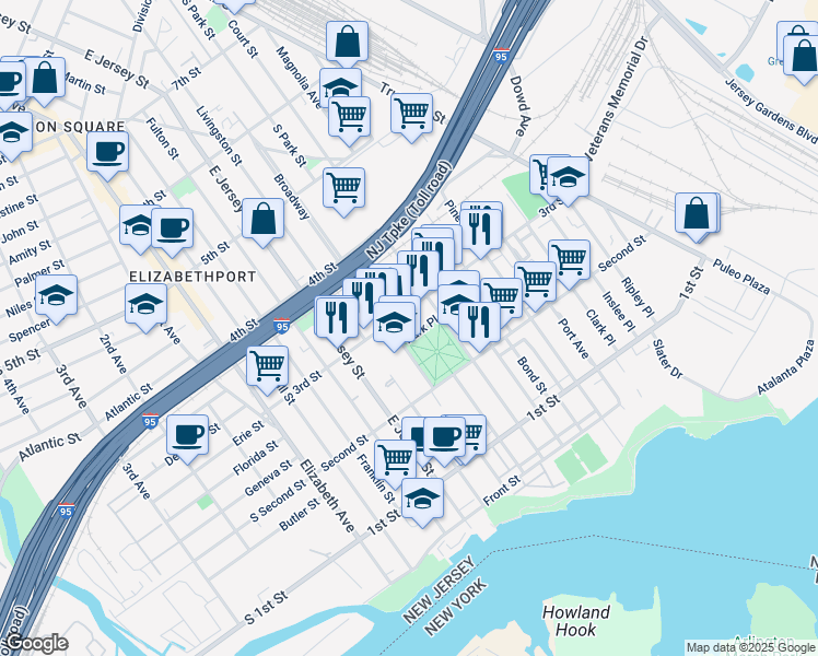 map of restaurants, bars, coffee shops, grocery stores, and more near 152 Park Place in Elizabeth