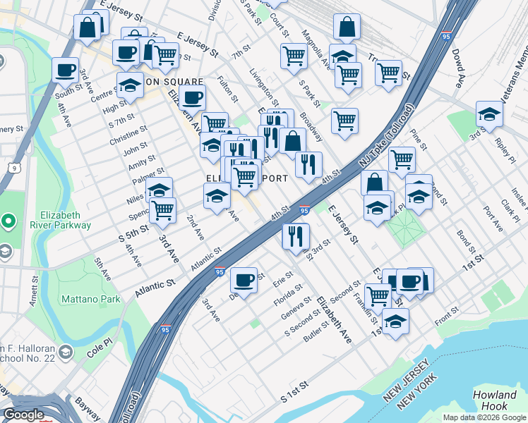 map of restaurants, bars, coffee shops, grocery stores, and more near 414 Marshall Street in Elizabeth