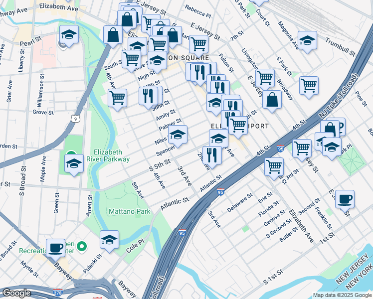 map of restaurants, bars, coffee shops, grocery stores, and more near 206 Spencer Street in Elizabeth