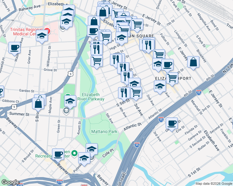 map of restaurants, bars, coffee shops, grocery stores, and more near 316 Niles Street in Elizabeth