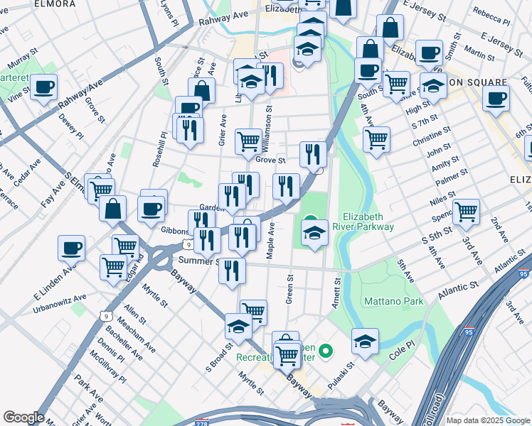 map of restaurants, bars, coffee shops, grocery stores, and more near 460 Maple Avenue in Elizabeth