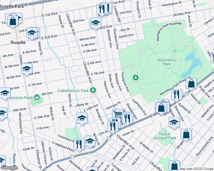map of restaurants, bars, coffee shops, grocery stores, and more near 739 Harrison Avenue in Roselle
