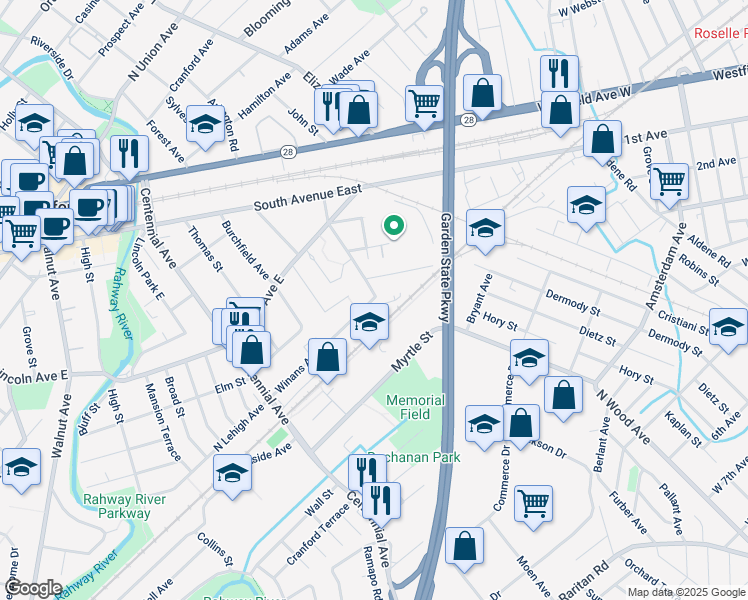 map of restaurants, bars, coffee shops, grocery stores, and more near 43 Meeker Avenue in Cranford