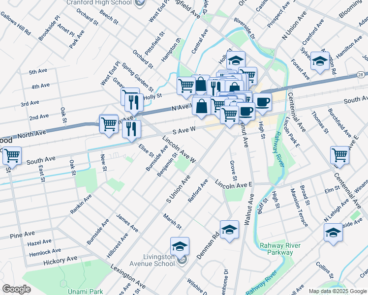 map of restaurants, bars, coffee shops, grocery stores, and more near 24 Lincoln Avenue West in Cranford