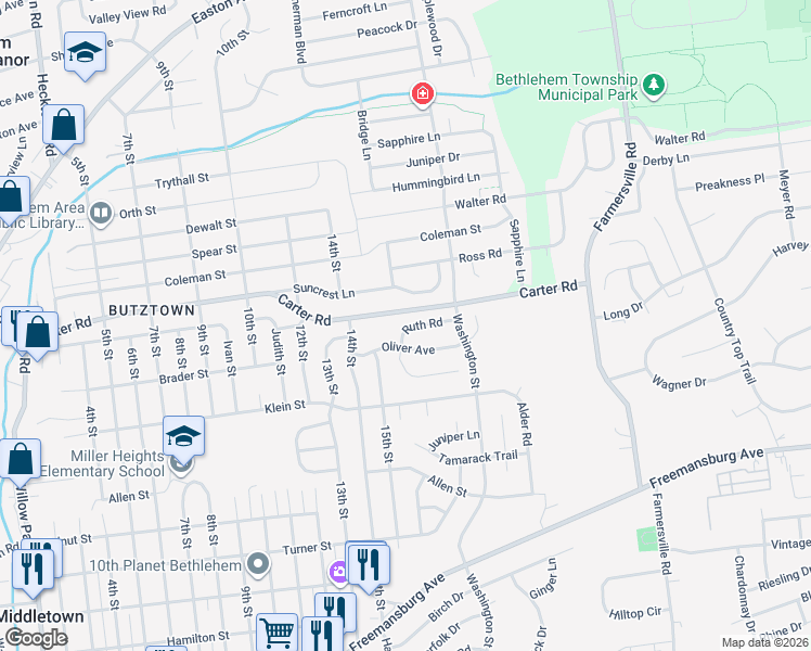 map of restaurants, bars, coffee shops, grocery stores, and more near 4045 Ruth Road in Bethlehem