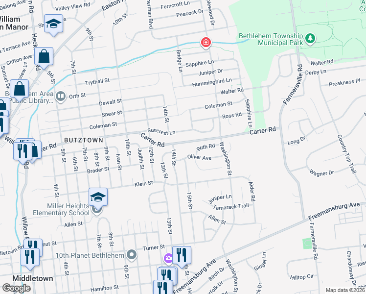 map of restaurants, bars, coffee shops, grocery stores, and more near 3945 Carter Road in Bethlehem