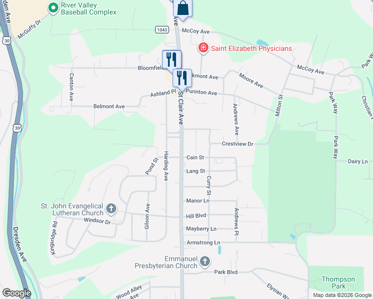 map of restaurants, bars, coffee shops, grocery stores, and more near 3280 Saint Clair Avenue in East Liverpool