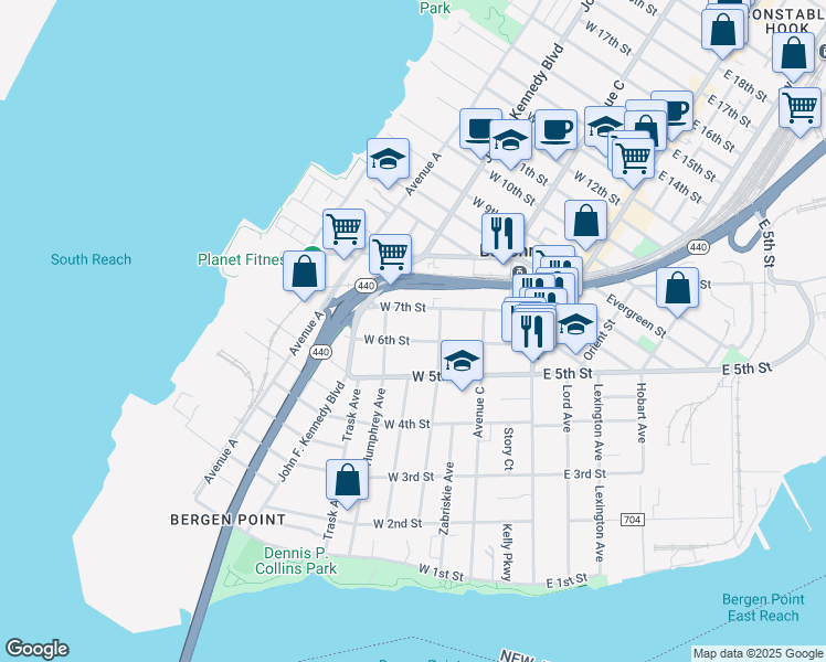 map of restaurants, bars, coffee shops, grocery stores, and more near 89 West 6th Street in Bayonne