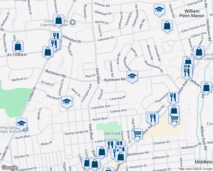 map of restaurants, bars, coffee shops, grocery stores, and more near 1714 Butztown Road in Bethlehem