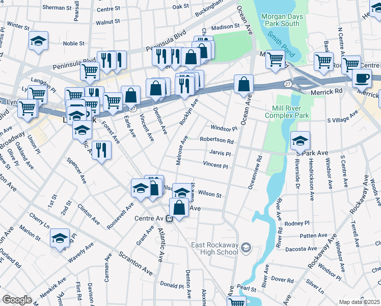 map of restaurants, bars, coffee shops, grocery stores, and more near 31 Jarvis Place in Lynbrook