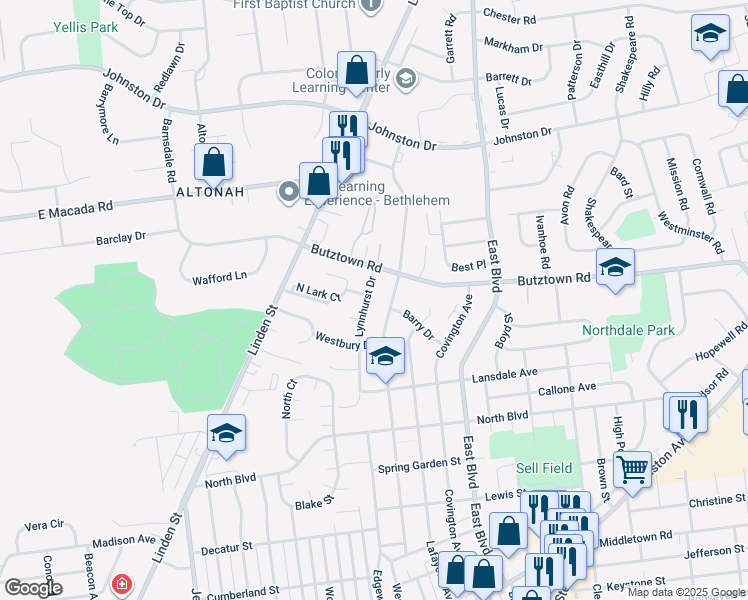 map of restaurants, bars, coffee shops, grocery stores, and more near 2756 Lynnhurst Drive in Bethlehem