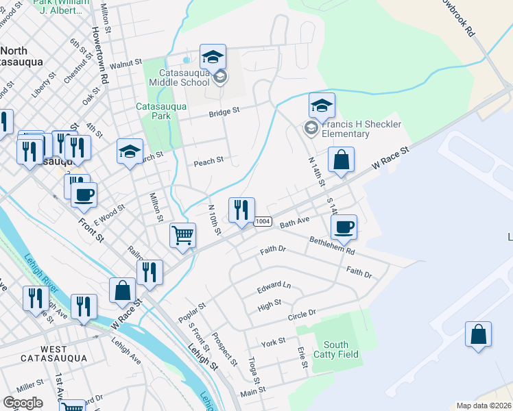map of restaurants, bars, coffee shops, grocery stores, and more near 899 Mulberry Street in Catasauqua