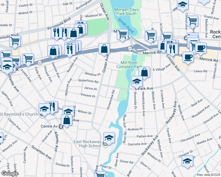 map of restaurants, bars, coffee shops, grocery stores, and more near 291 Park Avenue in East Rockaway