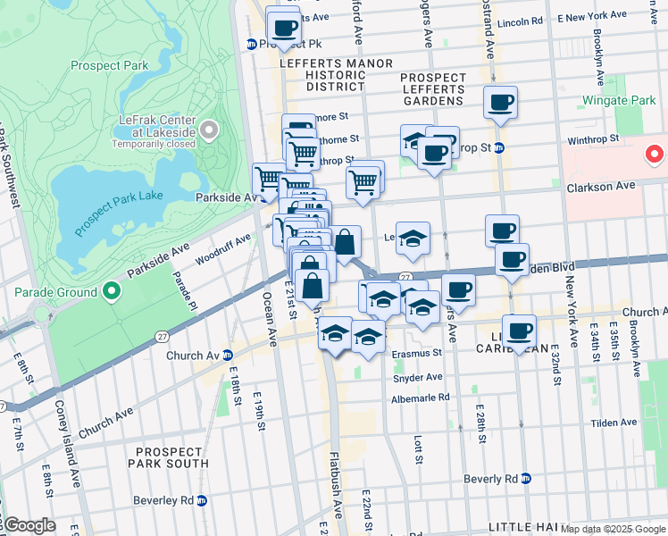 map of restaurants, bars, coffee shops, grocery stores, and more near 2192 Caton Avenue in Brooklyn