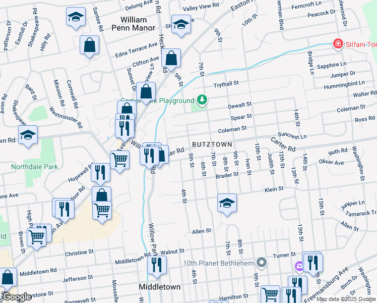 map of restaurants, bars, coffee shops, grocery stores, and more near 3446 Carter Road in Bethlehem