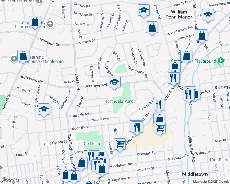 map of restaurants, bars, coffee shops, grocery stores, and more near 1920 Butztown Road in Bethlehem