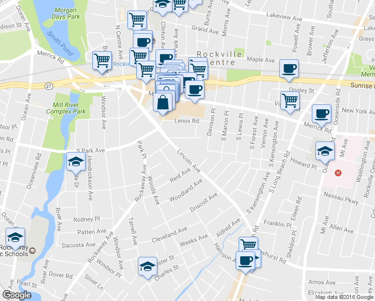 map of restaurants, bars, coffee shops, grocery stores, and more near 163 Lincoln Avenue in Rockville Centre