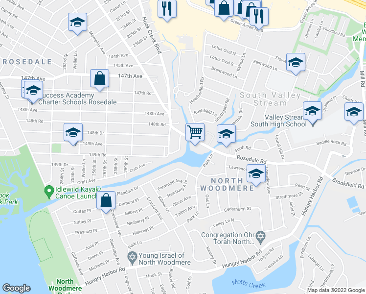 map of restaurants, bars, coffee shops, grocery stores, and more near 148-67 262nd Place in Woodmere