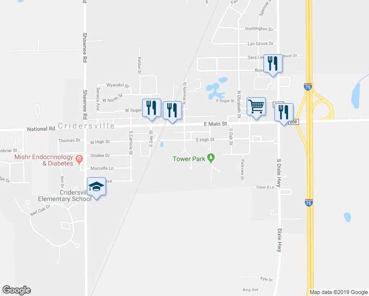 map of restaurants, bars, coffee shops, grocery stores, and more near 200 South Waverly Street in Cridersville