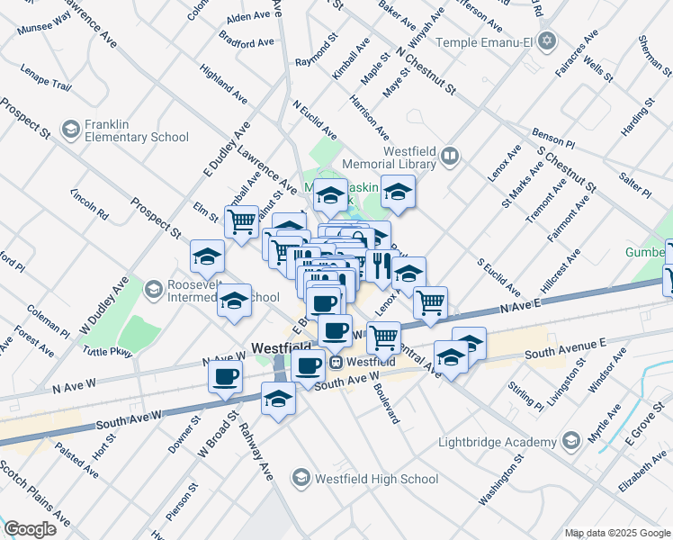 map of restaurants, bars, coffee shops, grocery stores, and more near 253 East Broad Street in Westfield