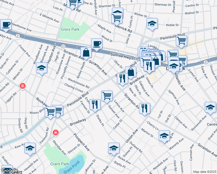 map of restaurants, bars, coffee shops, grocery stores, and more near 21 Hazel Place in Lynbrook
