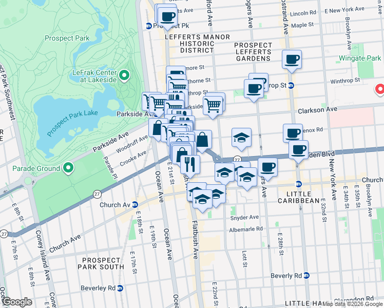 map of restaurants, bars, coffee shops, grocery stores, and more near 2160 Caton Avenue in Brooklyn