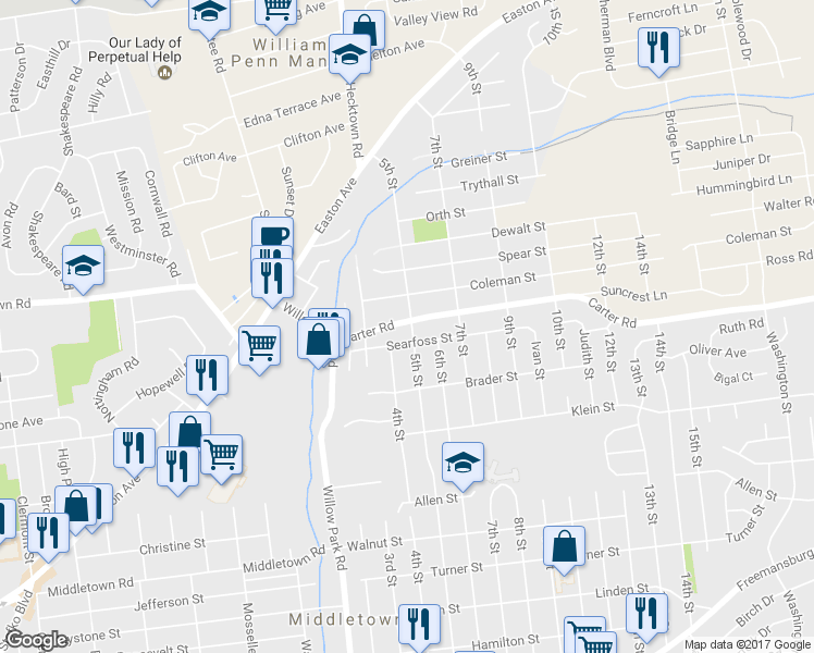 map of restaurants, bars, coffee shops, grocery stores, and more near 3446 Carter Road in Bethlehem