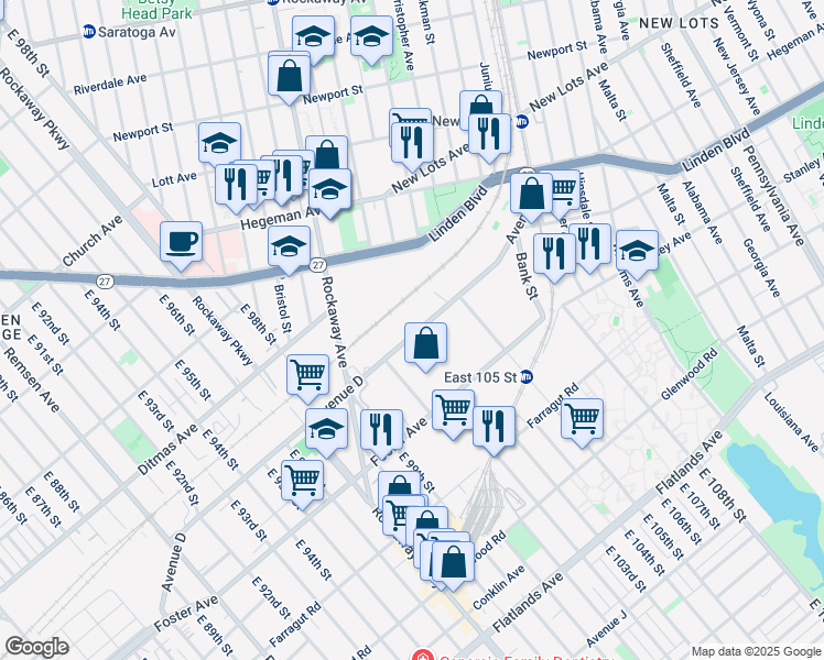 map of restaurants, bars, coffee shops, grocery stores, and more near 10227 Avenue D in Brooklyn