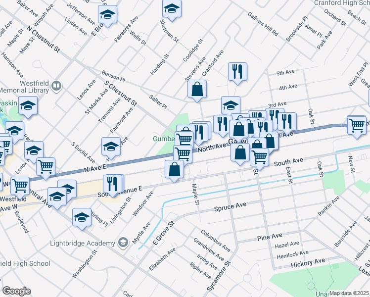 map of restaurants, bars, coffee shops, grocery stores, and more near 500 North Avenue in Garwood