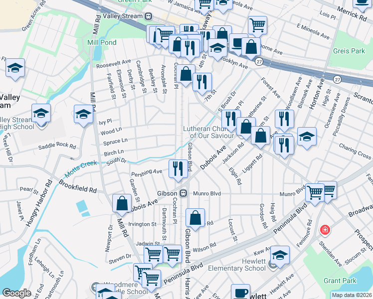 map of restaurants, bars, coffee shops, grocery stores, and more near 52 Gibson Boulevard in Valley Stream