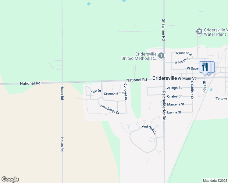 map of restaurants, bars, coffee shops, grocery stores, and more near 8 Hansom Lane in Cridersville