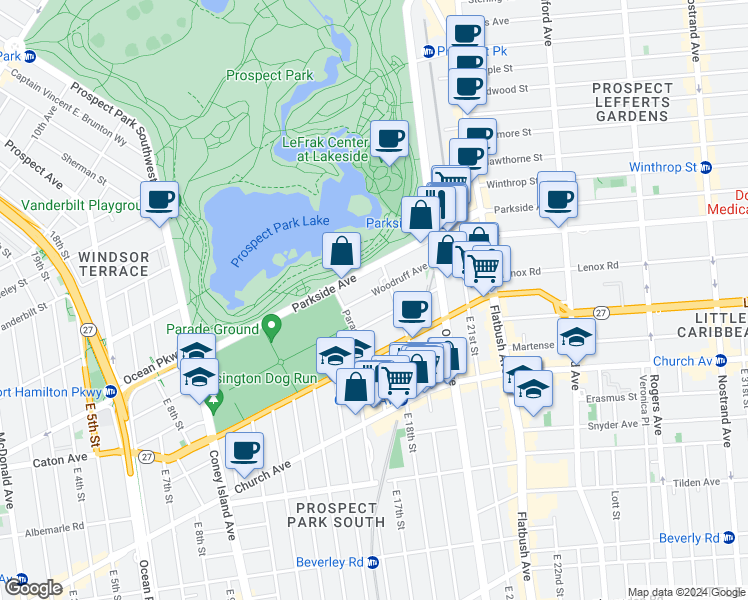 map of restaurants, bars, coffee shops, grocery stores, and more near 40 Woodruff Avenue in Brooklyn