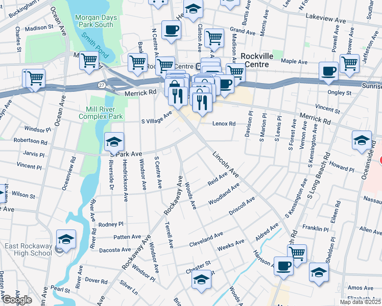 map of restaurants, bars, coffee shops, grocery stores, and more near 32 Rockaway Avenue in Rockville Centre