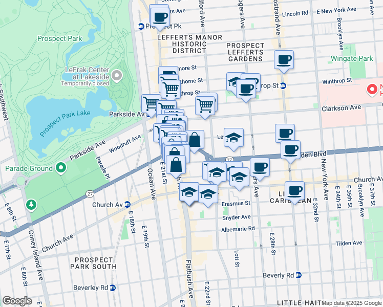 map of restaurants, bars, coffee shops, grocery stores, and more near 2172 Caton Avenue in Brooklyn