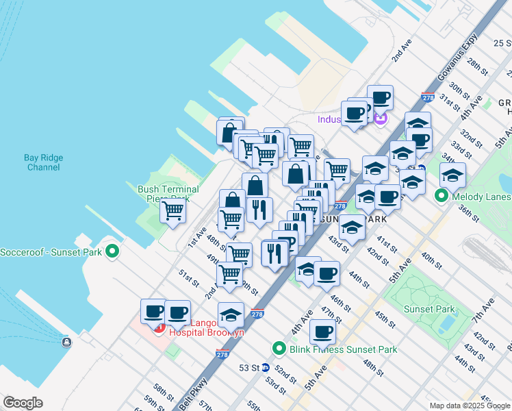 map of restaurants, bars, coffee shops, grocery stores, and more near 152 44th Street in Brooklyn
