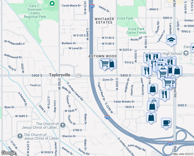 map of restaurants, bars, coffee shops, grocery stores, and more near 5416 Capitol Reef Drive in Taylorsville