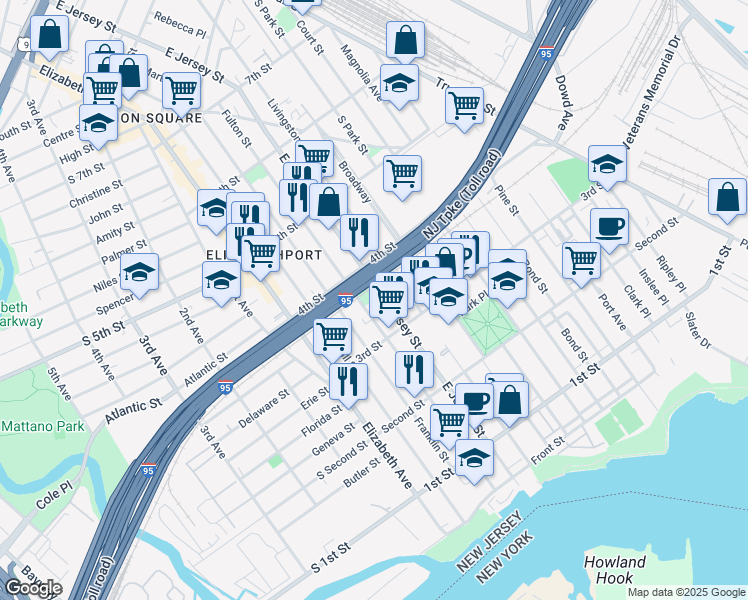 map of restaurants, bars, coffee shops, grocery stores, and more near 328 East Jersey Street in Elizabeth