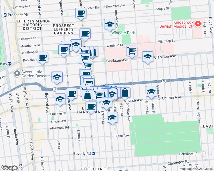 map of restaurants, bars, coffee shops, grocery stores, and more near Linden Boulevard & New York Avenue in Brooklyn