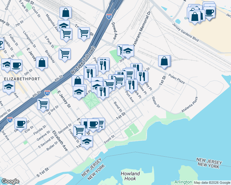 map of restaurants, bars, coffee shops, grocery stores, and more near 233 Second Street in Elizabeth