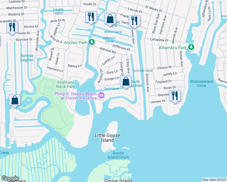 map of restaurants, bars, coffee shops, grocery stores, and more near 21 Anchor Drive in Massapequa
