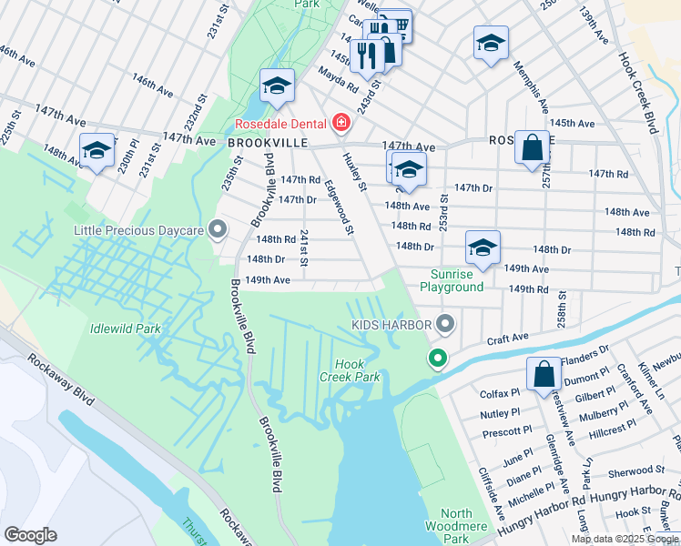 map of restaurants, bars, coffee shops, grocery stores, and more near 241-46 148th Drive in Queens