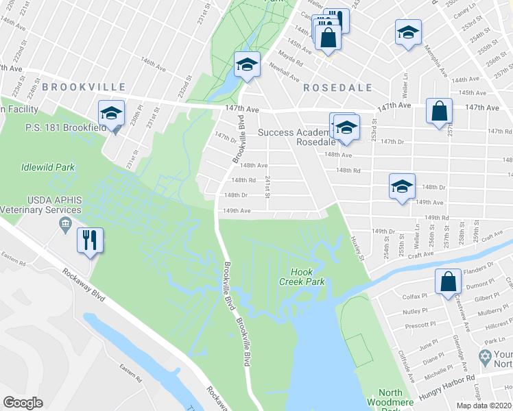 map of restaurants, bars, coffee shops, grocery stores, and more near 238-52 148th Drive in Queens