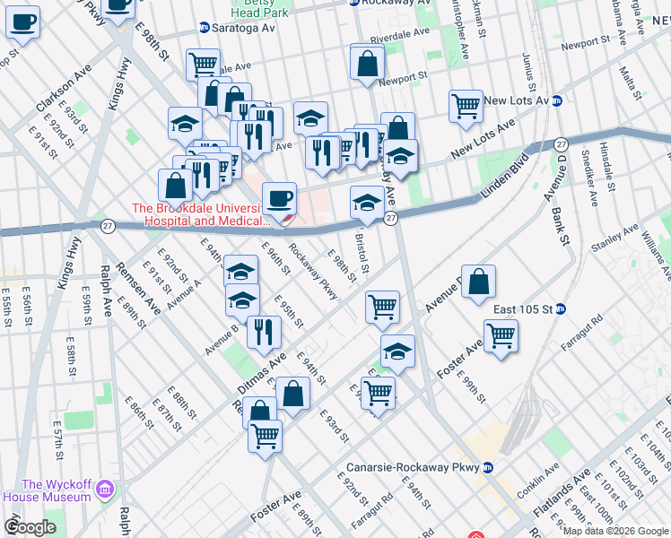 map of restaurants, bars, coffee shops, grocery stores, and more near 1105 Thomas S Boyland Street in Brooklyn