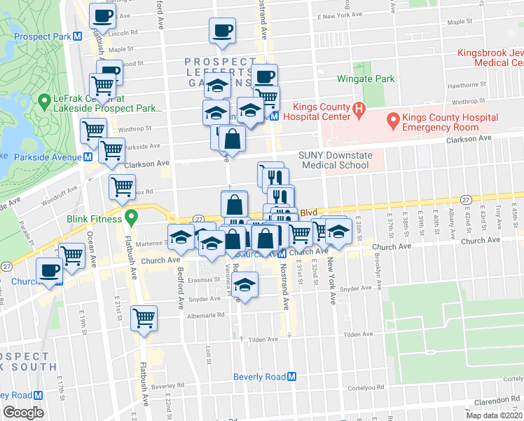 map of restaurants, bars, coffee shops, grocery stores, and more near 221 Linden Boulevard in Brooklyn