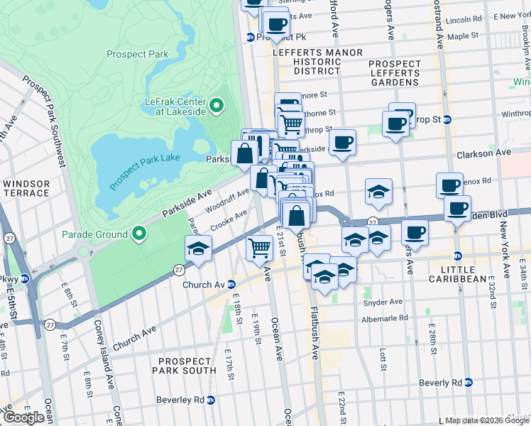 map of restaurants, bars, coffee shops, grocery stores, and more near 75 East 21st Street in Brooklyn