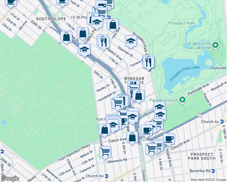 map of restaurants, bars, coffee shops, grocery stores, and more near 648 19th Street in Brooklyn