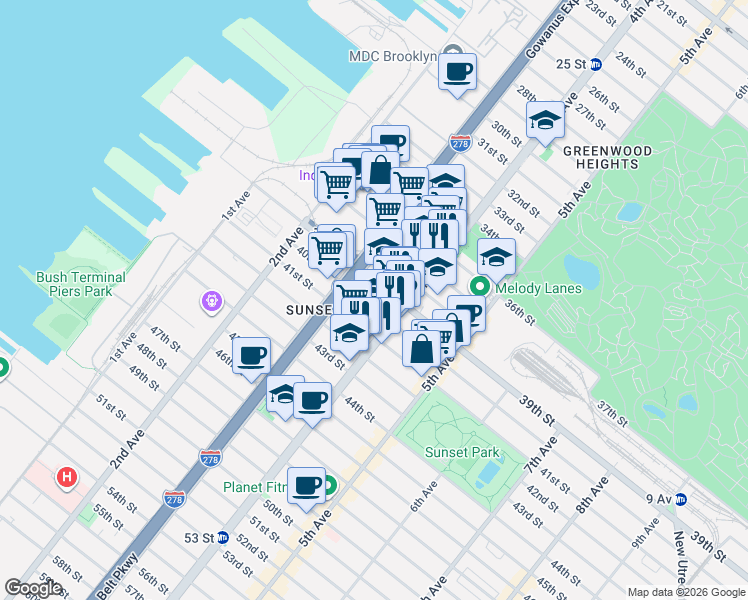 map of restaurants, bars, coffee shops, grocery stores, and more near 358 39th Street in Brooklyn