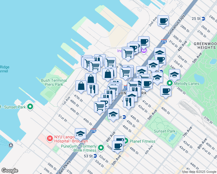 map of restaurants, bars, coffee shops, grocery stores, and more near 232 42nd Street in Brooklyn