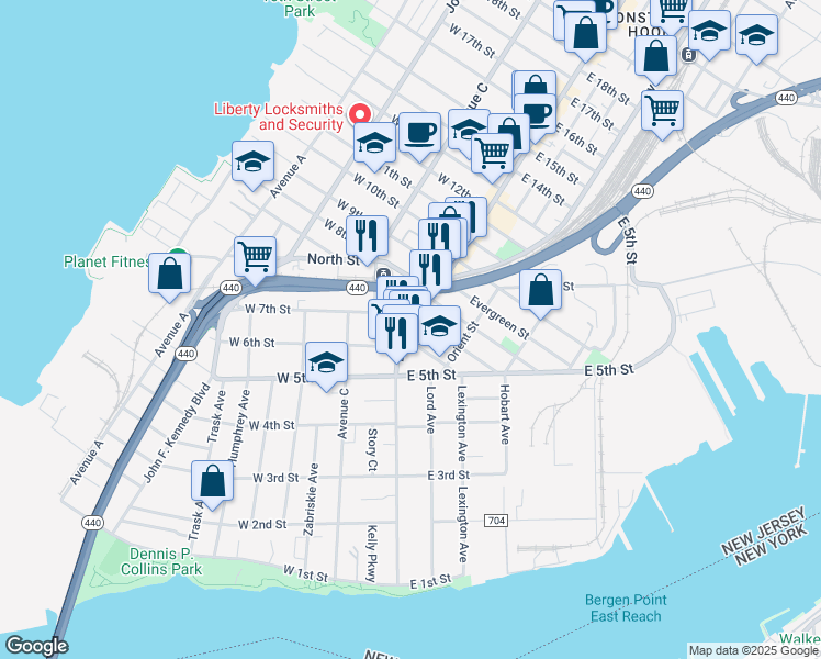 map of restaurants, bars, coffee shops, grocery stores, and more near 9 Silver Street in Bayonne